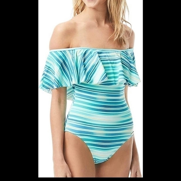 Vince Camuto azure printed off shoulder ruffled striped swimsuit Sz. 6 NWOT - Picture 3 of 6